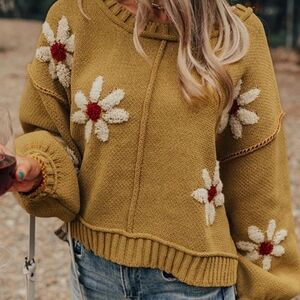 POL Floral Design Cozy Sweater, NWOT, S(Oversized), Tan/Burgundy-ADORBS!!